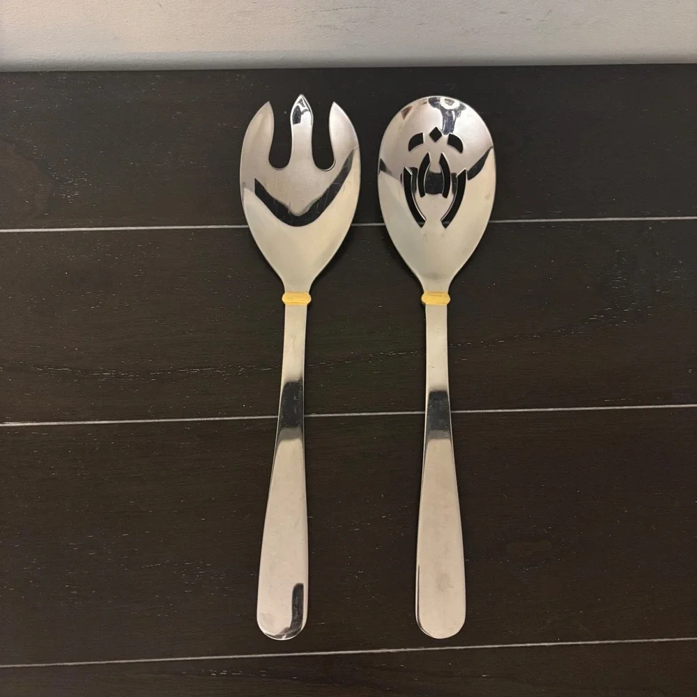 Stainless Steel Serving Set | Silver Gold Tone Accent‎ 11 Inch 2 Piece Set